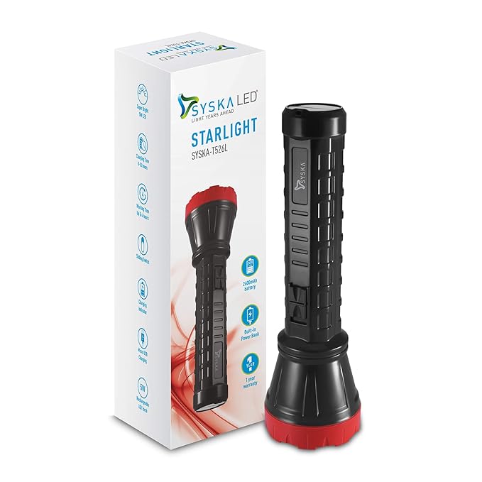 Syska Starlight 5W Micro USB Rechargeable Emergency Light with 2600mAh Built-in Power Bank (Black-Red & Black-green) Syska Starlight 5W Micro USB Rechargeable Emergency Light with 2600mAh Built-in Power Bank (Black-Red & Black-green)